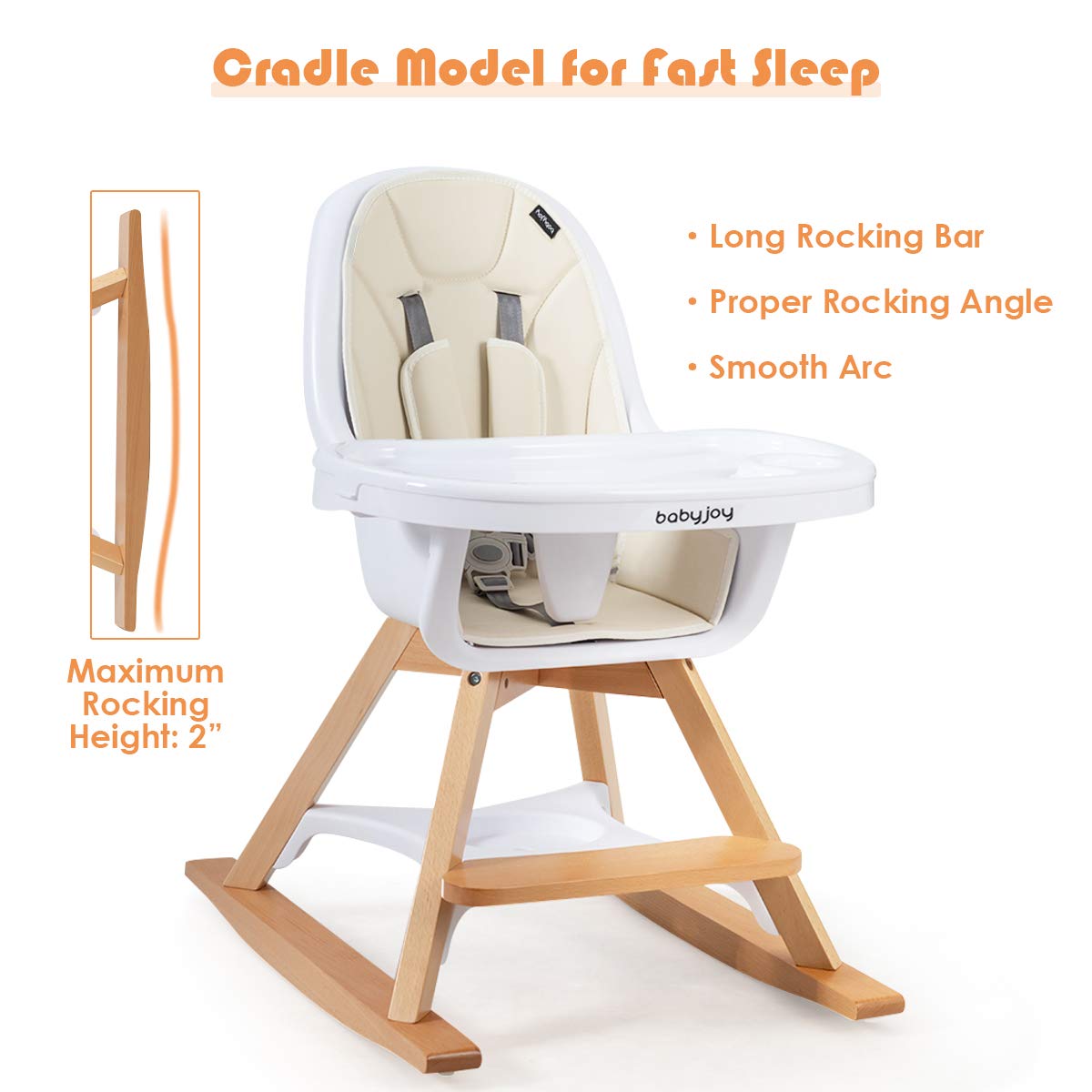 BABY JOY 3 in 1 High Chair, Baby Eat & Grow Convertible Wooden High Chair/Rocking Chair/Booster Seat/Toddler Chair, Infant Dining Chairs w/Double Removable Tray, 5-Point Seat Belt & PU Cushion, Beige