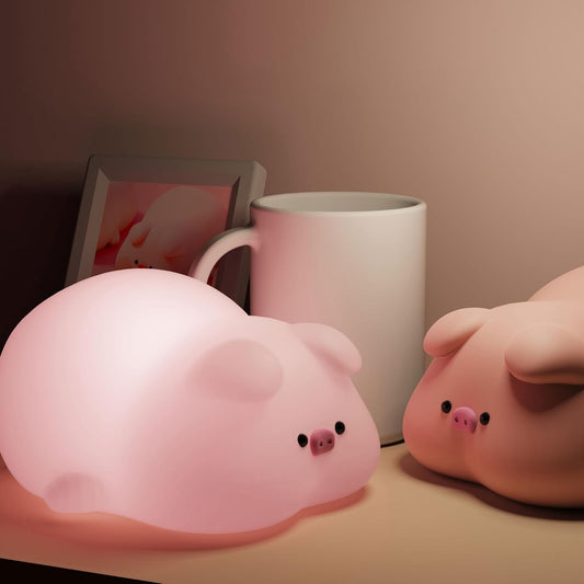 Cute Pig Lamp, Fun Lying Flat Pig Night Light, LED Squishy Animal Novelty Lamp, Light up Duck for Kids Great Gift, 3 Level Dimmable Nursery Nightlight Rechargeable Bedside Touch Lamp (Pig Lamp)