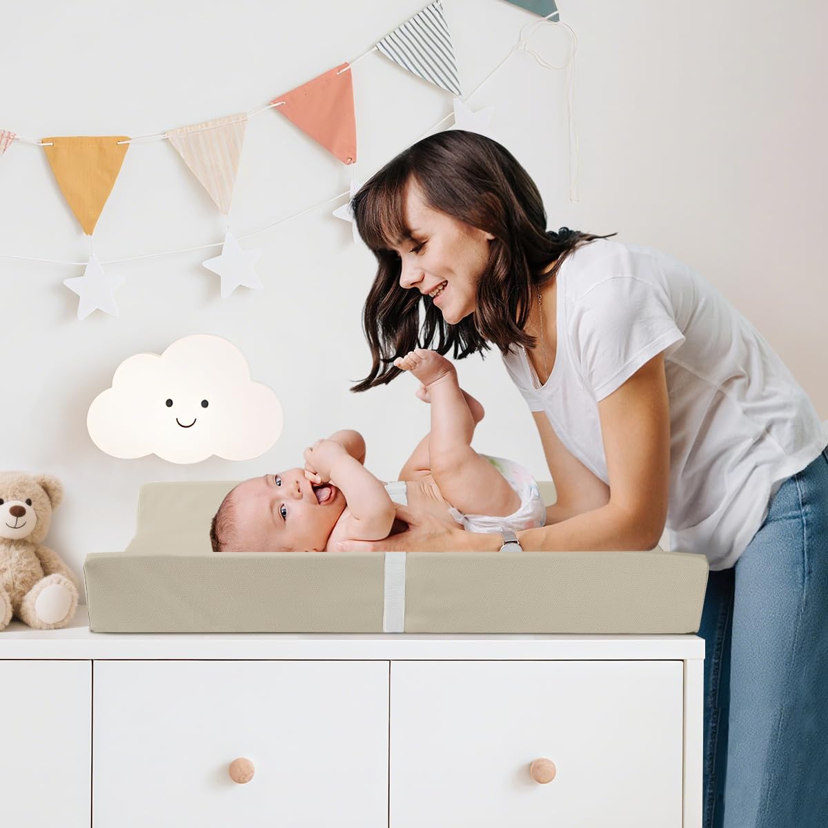 Baby Changing Pad, Waterproof & Wipeable Vegan Leather Diaper Changing Mat 31" x 16", Comfortable Soft Standard Size Infant Diaper Mat for Dresser and Table, Taupe (Beige)