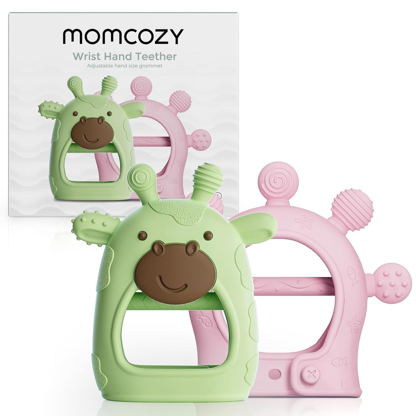 Momcozy Baby Teether Toys | Food Grade Silicone Teething Relief 0-6 Months | Toy 6-12 Months | Baby Essential | Green and Pink