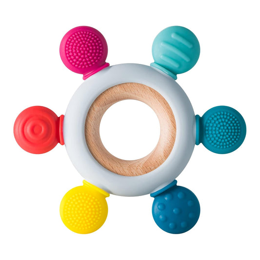 Baby Teething Toys Silicone Teethers BPA Free Silicone Rudder with Wooden Ring Soothe Babies Gums (Rainbow)