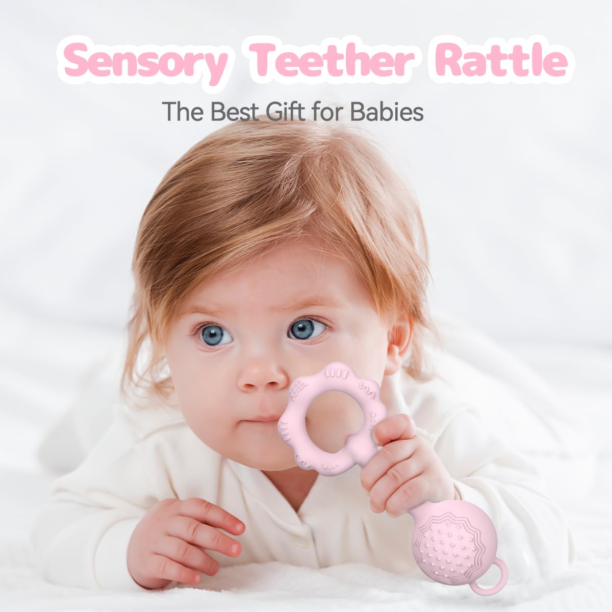 Teething Toys for Babies 6-12 Months, Baby Rattles 0-6 Months, 2-in-1 Rattle and Teether Toy for Soothing Sore Gums and Keeps Little Ones Entertained, Food Grade Silicone, Pink