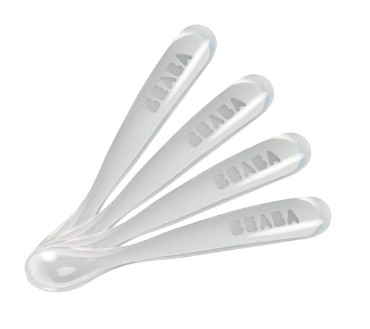 BEABA Baby's First Foods Spoon Set, Original Silicone Baby Spoons, 4 Pack, BPA Lead & Phthalate Free, Gray