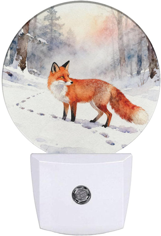 Winter Woods Landscape Night Light Fox in The Snow Dusk to Dawn Plug-in Nightlight Auto Sensor for Bedroom Bathroom Hallway Living Room