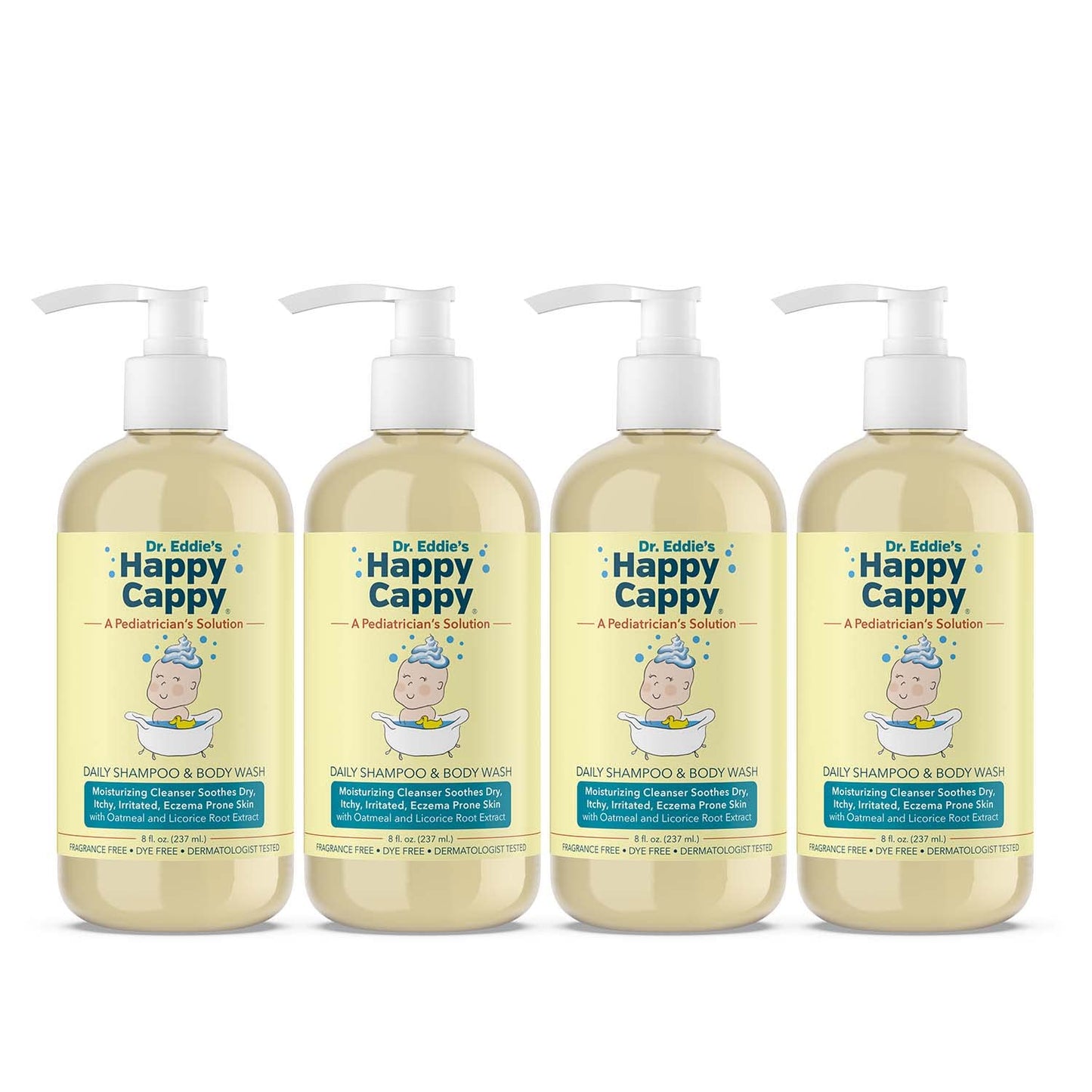 Happy Cappy Baby Shampoo and Body Wash - Eczema Body Wash for Kids & Toddlers, Helps with Dryness, Reduces Itching and Redness, Dermatologist Tested, Fragrance Free - 8 Fl Oz (Pack of 4)