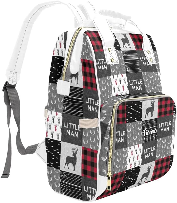 Antler Little Man Red Woodland Plaid Diaper Bags with Name Waterproof Mummy Backpack Nappy Nursing Baby Bags Gifts Tote Bag for Women