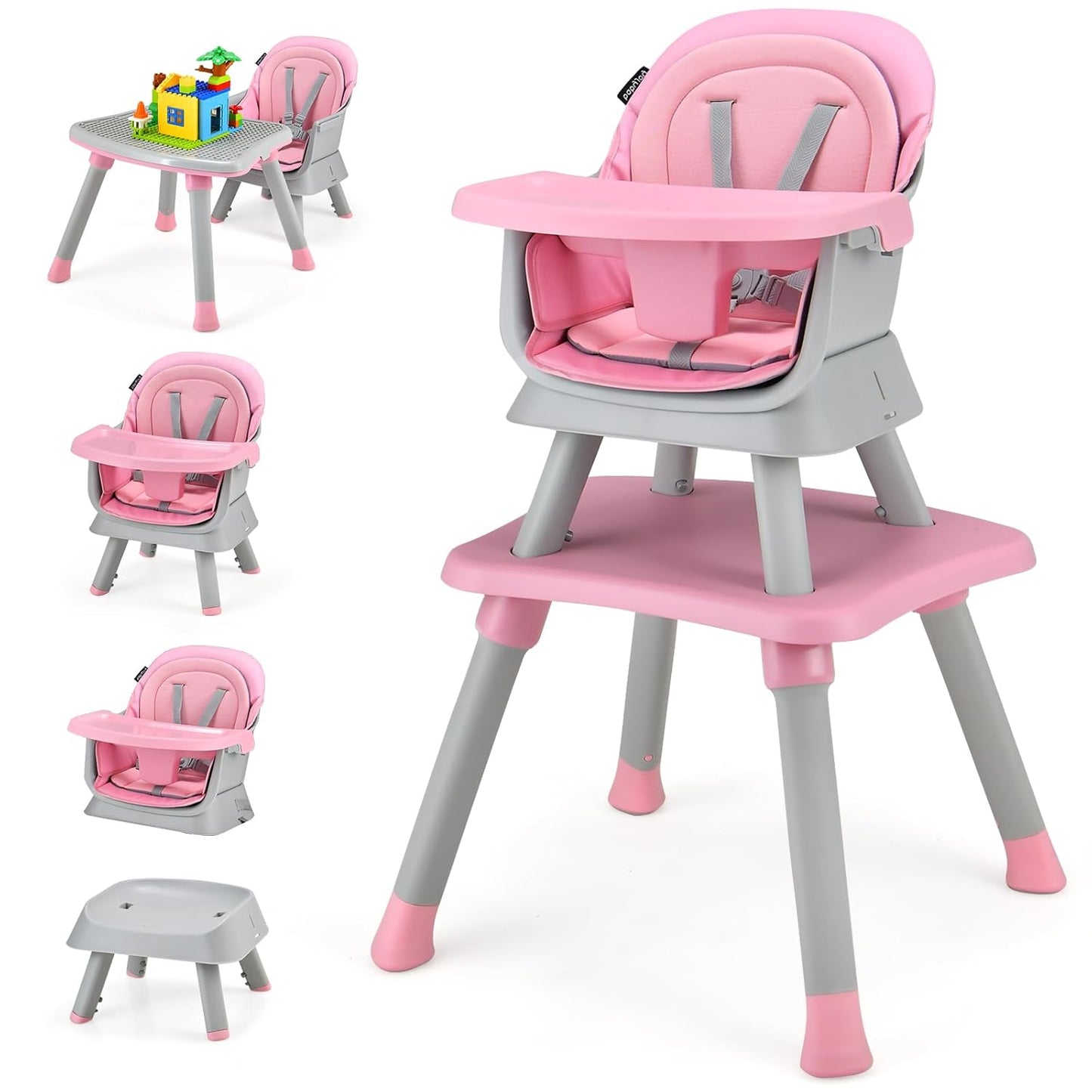 KOTEK Baby High Chair, 8 in 1 Convertible Highchairs for Babies and Toddlers, Building Block Table, Booster Seat, Toddler Chair with Removable Tray, Safety Harness, Dual Cushions (Pink)