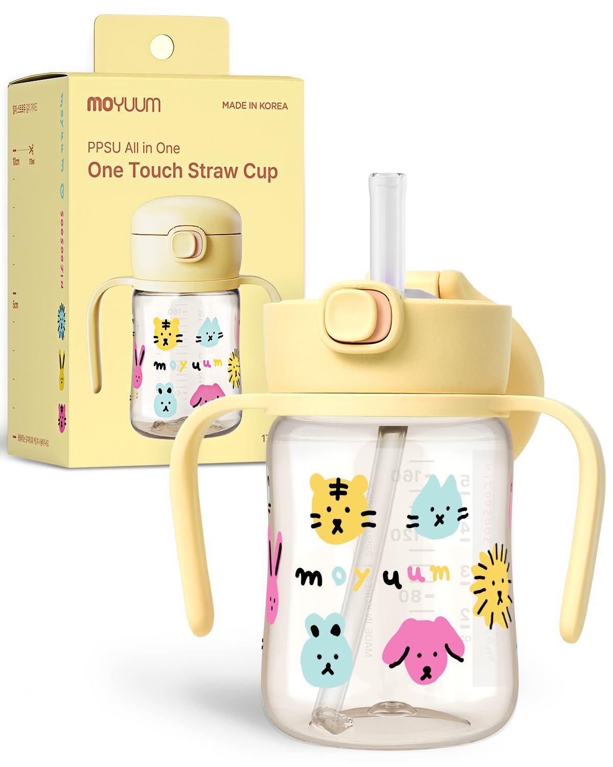 MOYUUM Leak Proof Sippy Cup with Handle | Made in Korea, 100% BPA Free PPSU, Magic No Spill Straw Cup with Attached Flip Top Lid, Easy to Hold for Babies and Toddlers, 6oz Yellow