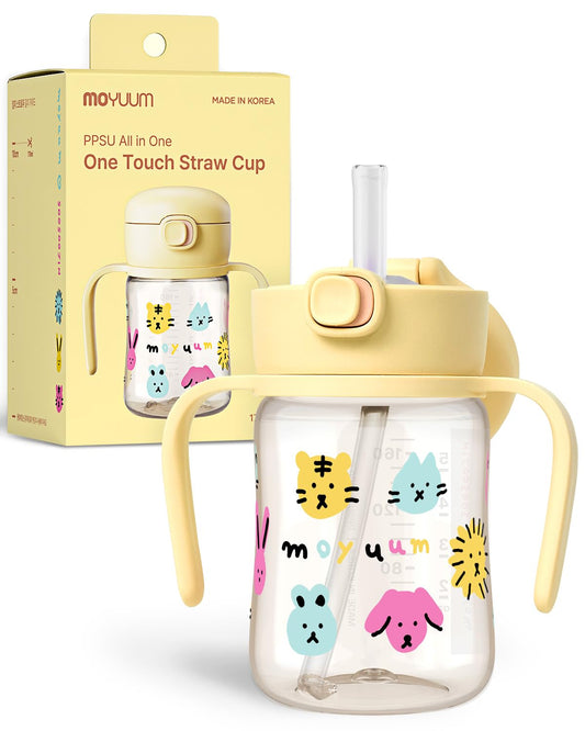MOYUUM Leak Proof Sippy Cup with Handle | Made in Korea, 100% BPA Free PPSU, Magic No Spill Straw Cup with Attached Flip Top Lid, Easy to Hold for Babies and Toddlers, 6oz Yellow