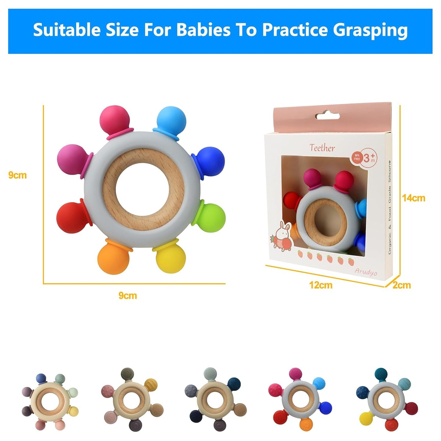 Baby Teething Toys Silicone Teethers BPA Free Silicone Rudder with Wooden Ring Soothe Babies Gums (8 Directions - Rainbow)