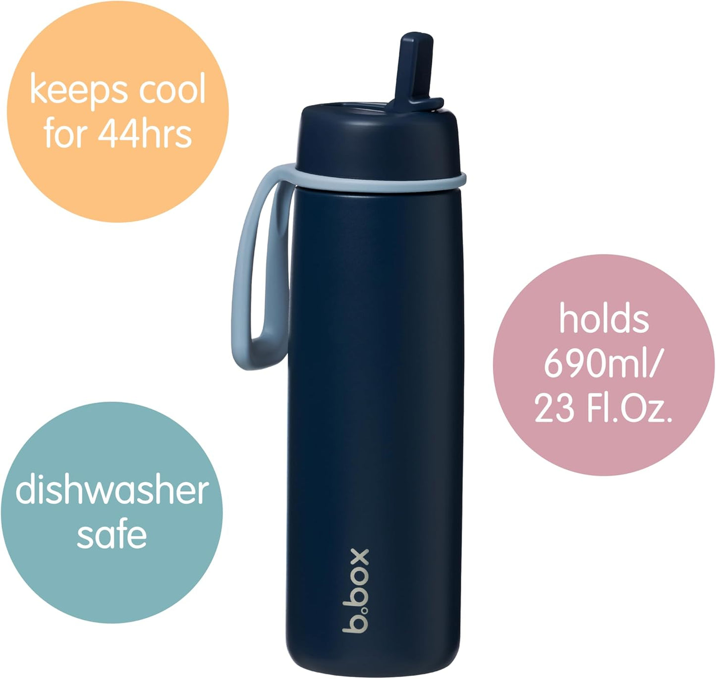 b.box Triple Insulated 23oz Water Bottle w/Stainless Steel Straw. 44 Hours Cold. Leak Proof Tumbler with Lid and Straw for Travel, Gym & School. BPA Free Sports Water Bottles.