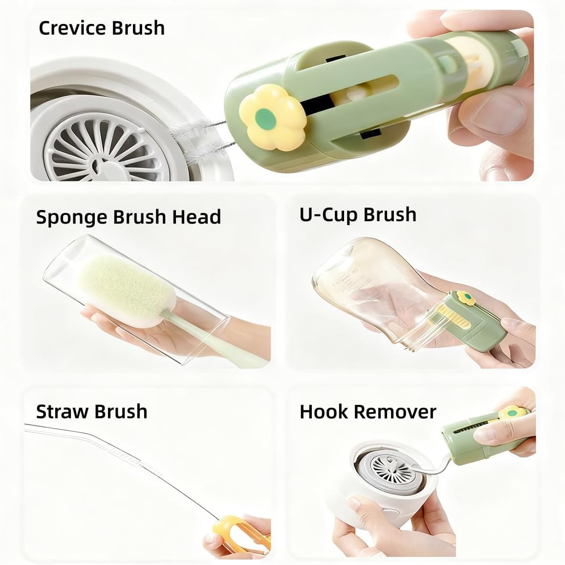 5 in 1 Bottle Cleaning Brush Set, Multifunctional Bottle Cleaning Brush Set, Water Bottle Cleaner Brush, Straw Cleaner Brush for Baby Bottles, 3 Replacement Sponge Brush Heads (Green)