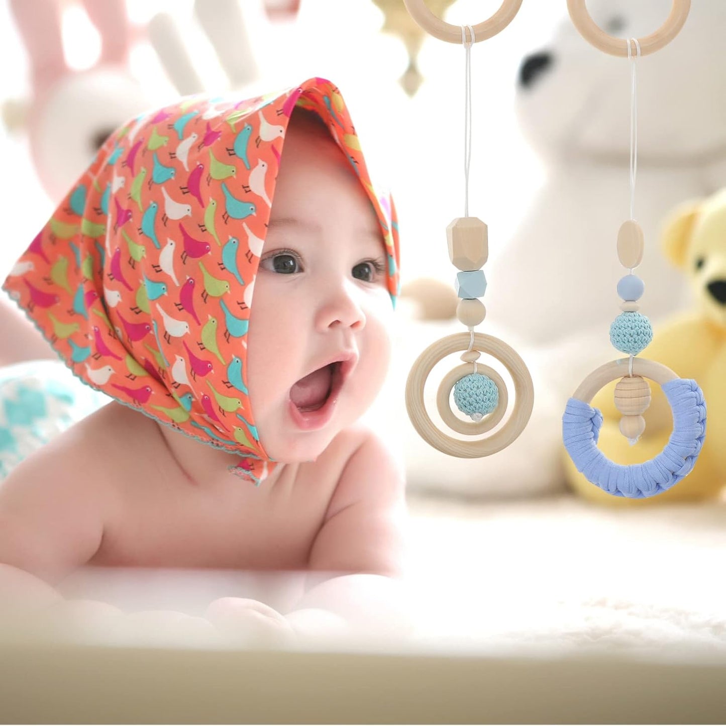Teething Rings 4Pcs Baby Gym Wood Toys Wooden Hanging Toy Wood Activity Pendant Hanging Toy Dangling Teething Soother Sensory Toys Nursery Decor Montessori Play Gym