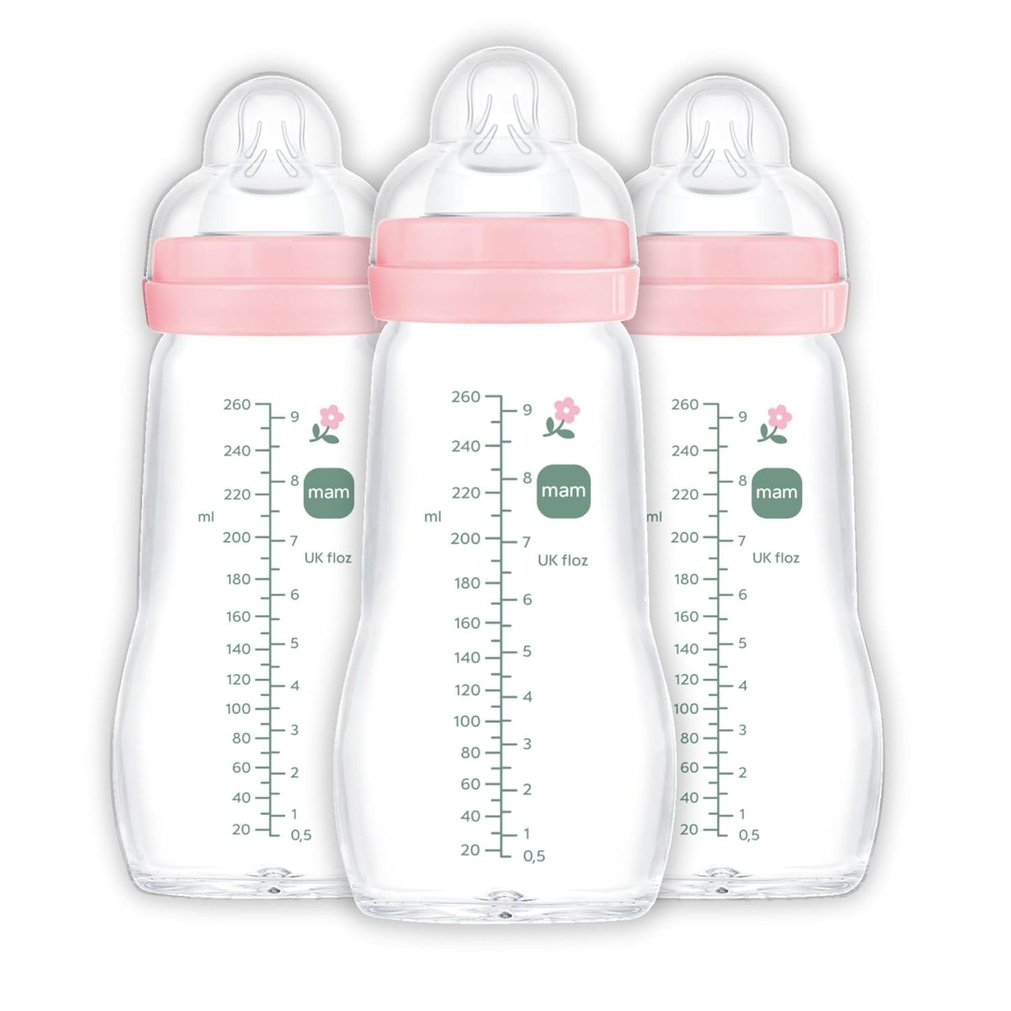 MAM Premium Glass Baby Bottles, Easy Switch Between Breast and Bottle, Feel Good Medium Flow, Newborn Essentials Must Have, 2+ Months, BPA Free, 9oz, Girl, 3 Pack