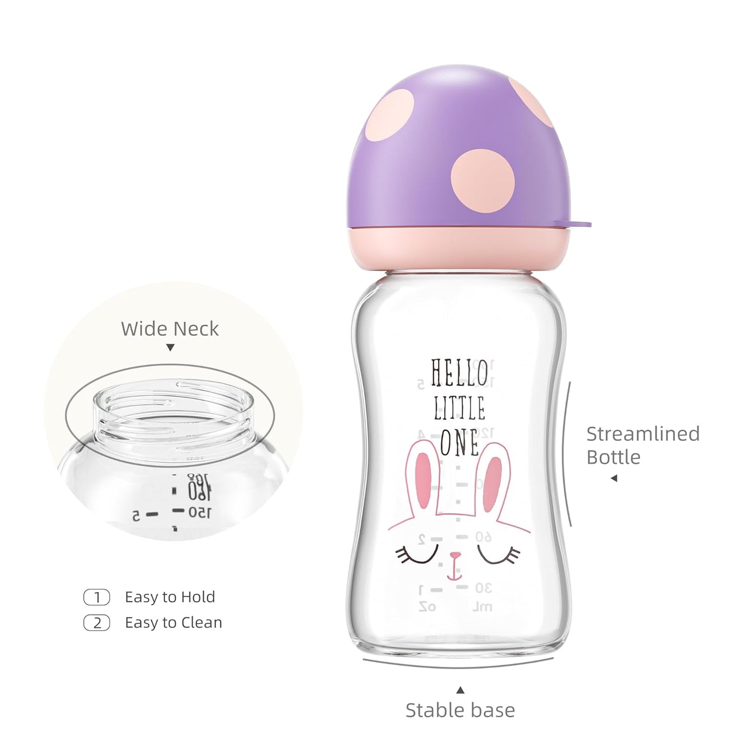 YOHKOH Natural Glass Baby Bottle with Natural Response Nipple, Newborn Anti-Colic Baby Bottles, Wide Neck Mushroom Cap Baby Bottle, Clear ((5.4oz (Pack of 4), Purple)