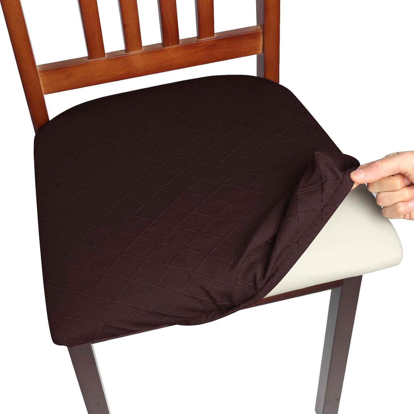 Yikko Chair Seat Covers, High-Density Check Jacquard Ekedalen Seat Covers for Dining Kitchen Restaurant Banquet, Stretch Removable Washable Chair Seat Cushion Protector (6, Reddish Brown)