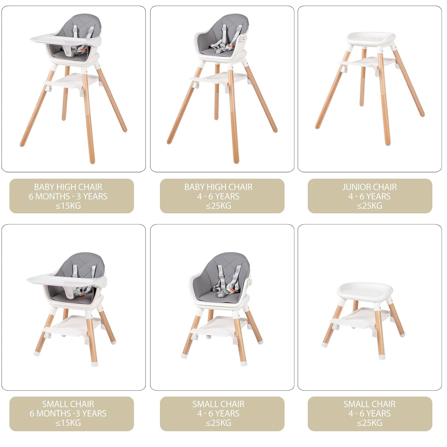 6 in 1 Baby High Chair, Convertible Wooden High Chairs/Booster Seat for Babies and Toddlers, Baby Feeding Chair with 5-Point Harness/Double Removable Tray & Adjustable Footrest (Grey)