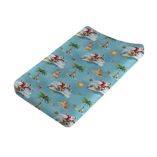 Surfing Santa Holiday Beach Baby Changing Pad Covers Santa Surfboard Palm Trees Sun Gift Fitted Diaper Changing Table Sheets for Boy Summer Christmas Soft Stretchy Fitted Change Table Mat 32''x16''