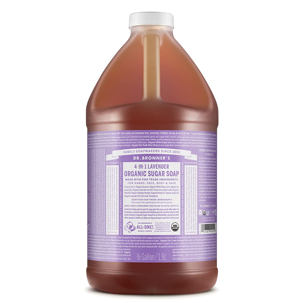 Dr. Bronner's Organic Sugar Soap (Lavender, 64 Ounce)- Made with Organic Oils, Sugar & Shikakai Powder, 4-in-1 Uses: Hand and Body Wash, Face, Hair- Cleanses, Moisturizes, Nourishes, Vegan