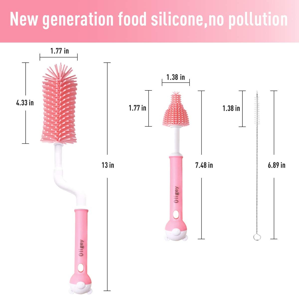 Silicone Baby Bottle Brush Set Cleans Deep Container Nipple or Straw with Rotation Long Handle,3 in 1 Rubber Cleaning Kits Wash Infant Pacifier Teat Nozzle or Breast Pump by Spinning Lug