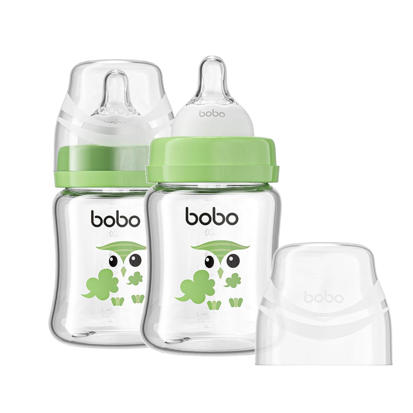 YOHKOH Glass Baby Bottles with Slow Flow Nipple, Newborn Anti-Colic Baby Bottles for 0+ Months, Wide Neck Feeding Bottle, Clear (Green, 5oz (Pack of 2))