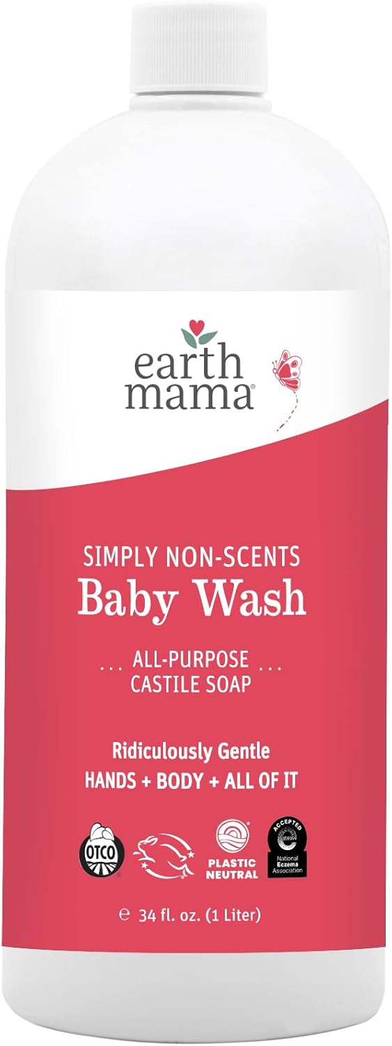 Earth Mama Simply Non-Scents Baby Wash Liquid Hand Soap Refill, Organic Body Wash for Sensitive Skin, All Purpose Castile Soap Liquid with Coconut Oil, Shea Butter, Calendula & Aloe, 34 fl oz