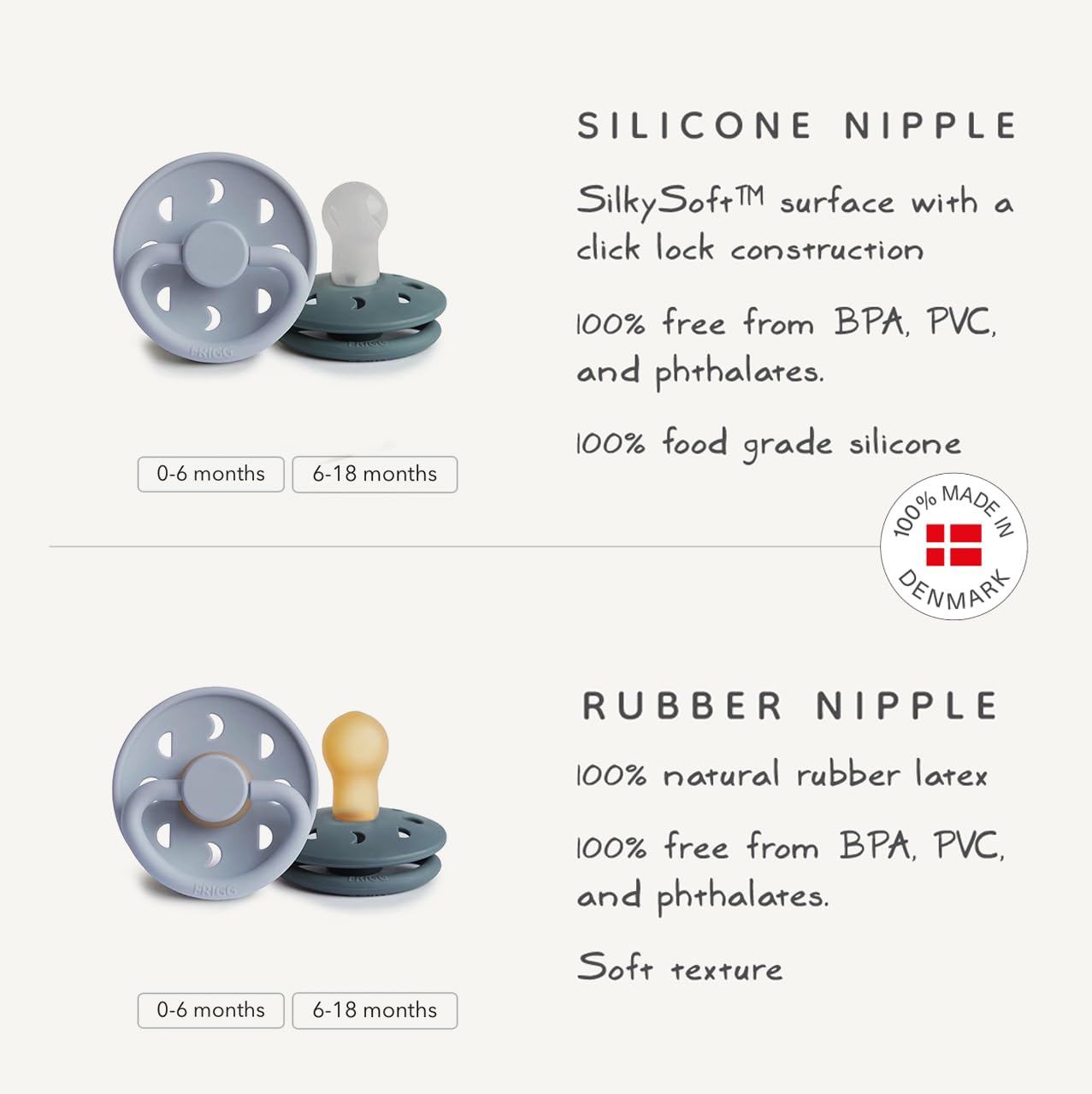 FRIGG Moon Natural Rubber Baby Pacifier | Made in Denmark | BPA-Free (Sage/Portobello, 6-18 Months) 2-Pack