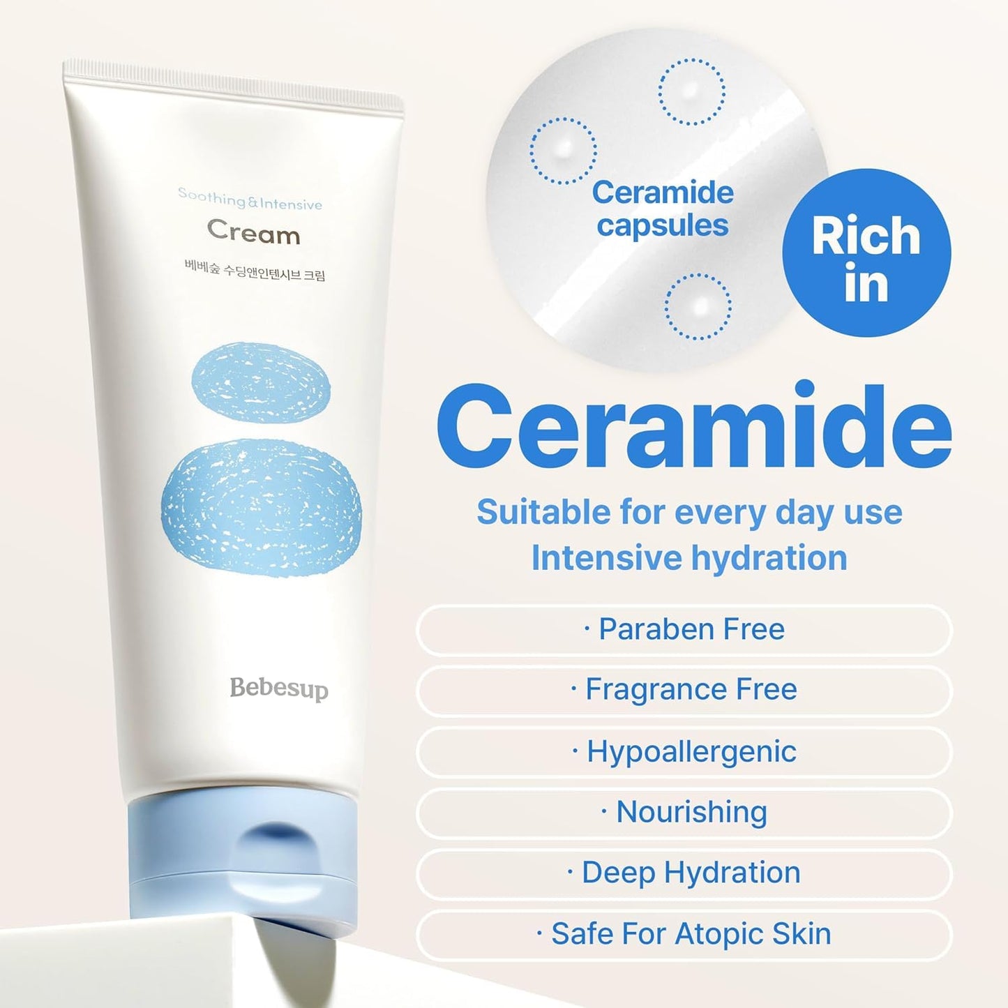 BEBESUP- 100-Hour Moisture Barrier Baby Cream | Korean Skincare for Sensitive & Atopic Skin Ceramide Capsule Organic Rice-Infused Hypoallergenic Dermatologist Approved 6.76 fl oz