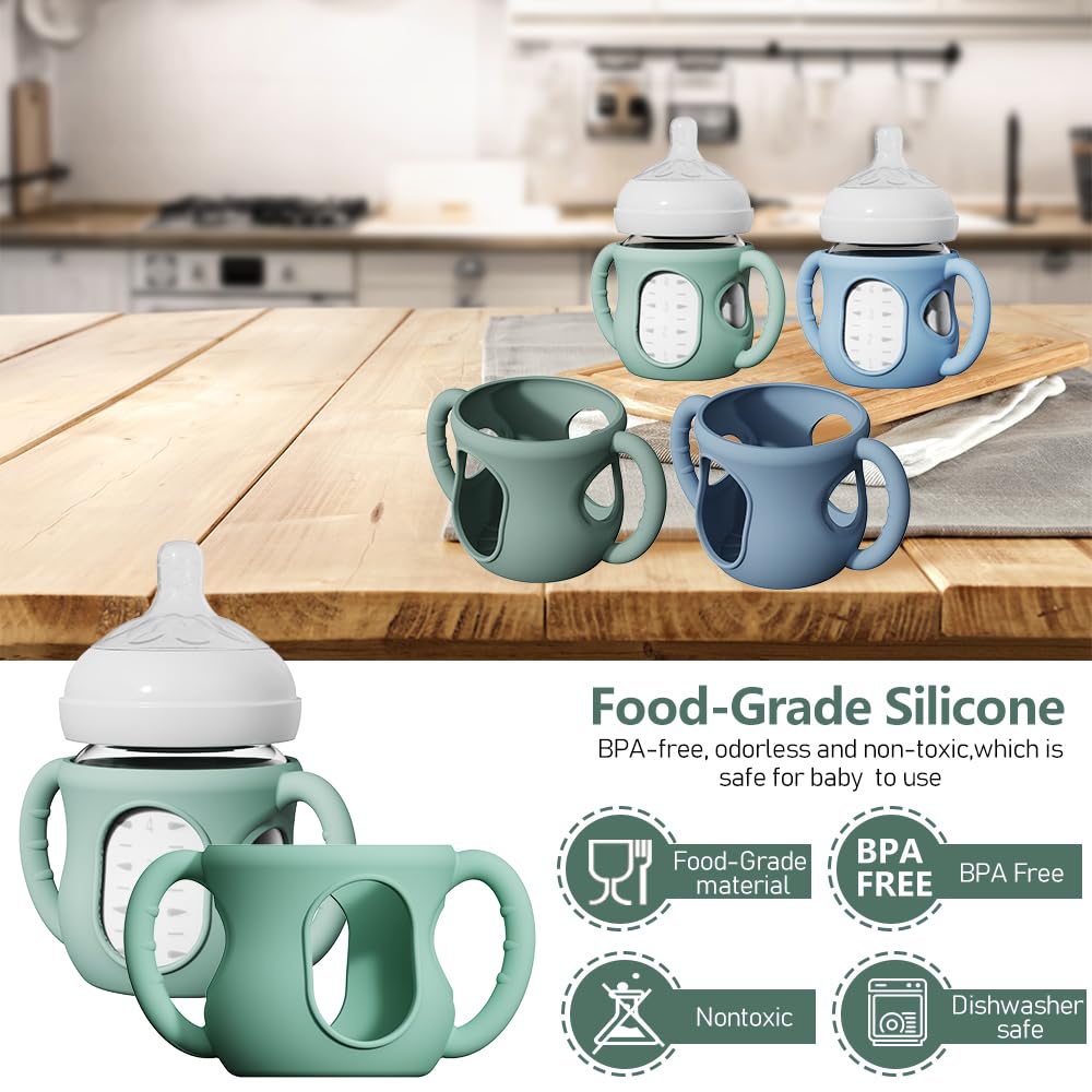 2 Pack Silicone Sleeves for Avent Natural Glass Baby Bottles, Anti Breakage Bottle Holder with Handle, Compatible Philips Avent Glass Natural Bottle 4 oz, Not for Infant Use