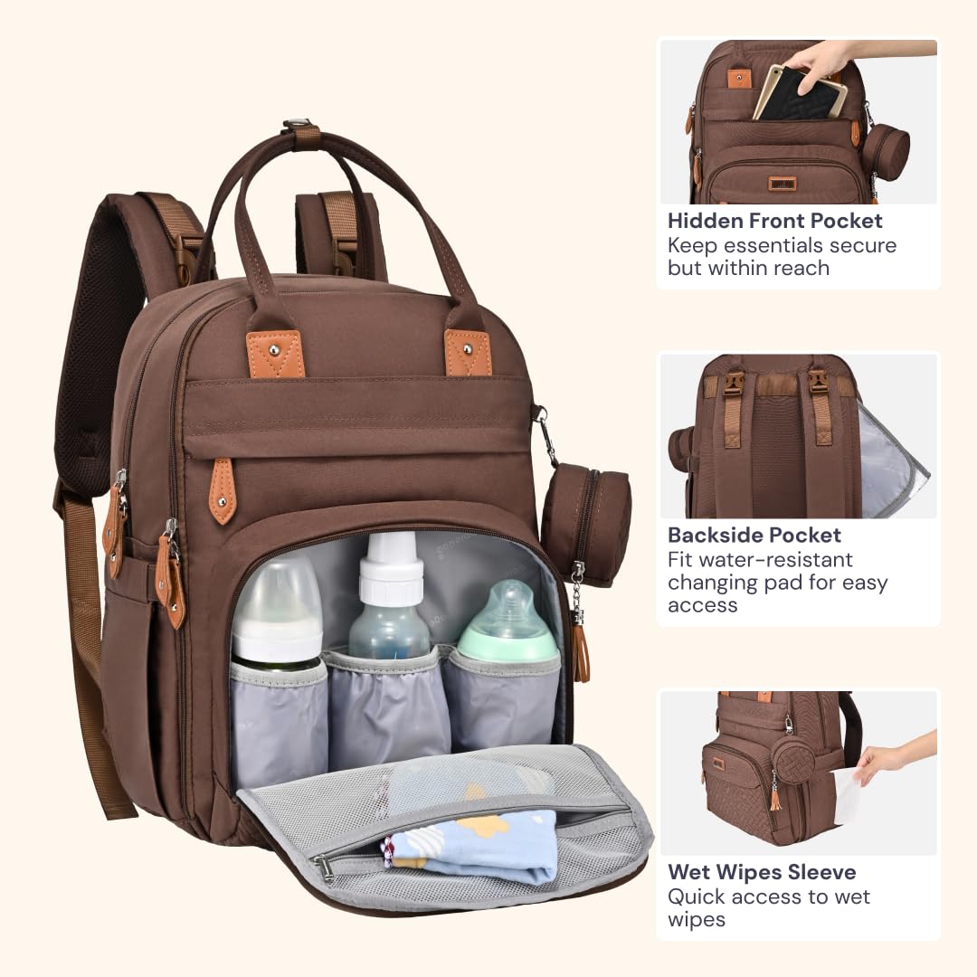 BabbleRoo Diaper Bag Backpack - Baby Essentials Travel Tote - Multi Function Water Resistant Diaper Bag, Travel Essentials Baby Bag with Changing Pad, Stroller Straps & Pacifier Case - Unisex, Brown