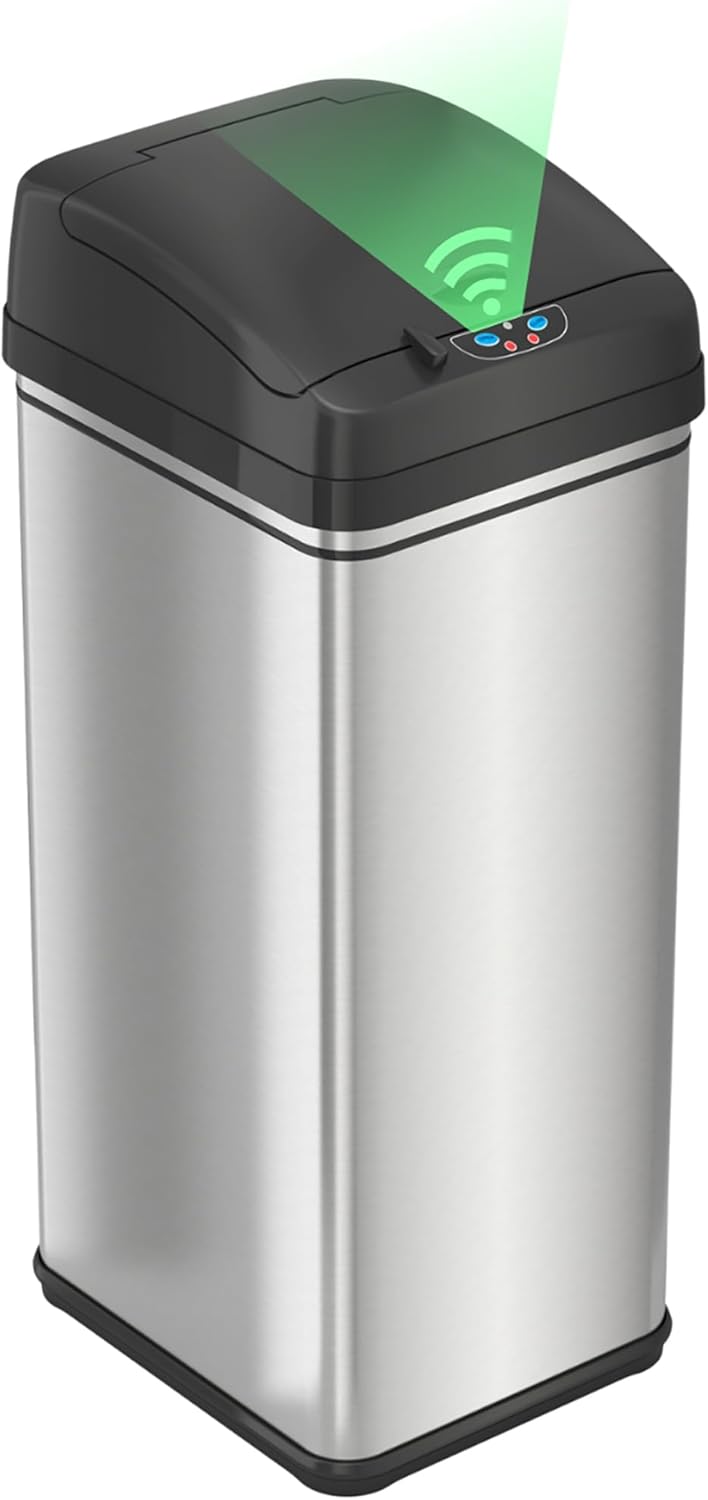 iTouchless 50 Liter / 13 Gallon Sensor Dog-Proof Kitchen Trash Can with Lid Lock and AbsorbX Odor Filter, Touchless Lid, Stainless Steel Garbage Recycling Bin for Kitchen, Home, Office, Business