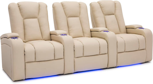 Seatcraft Serenity Italian Leather Home Theater Seating - Living Room - Power Recline - Tray Tables - in-Arm Storage - Ambient Base Lighting and Lighted Cupholders (Row of 3, Cream)
