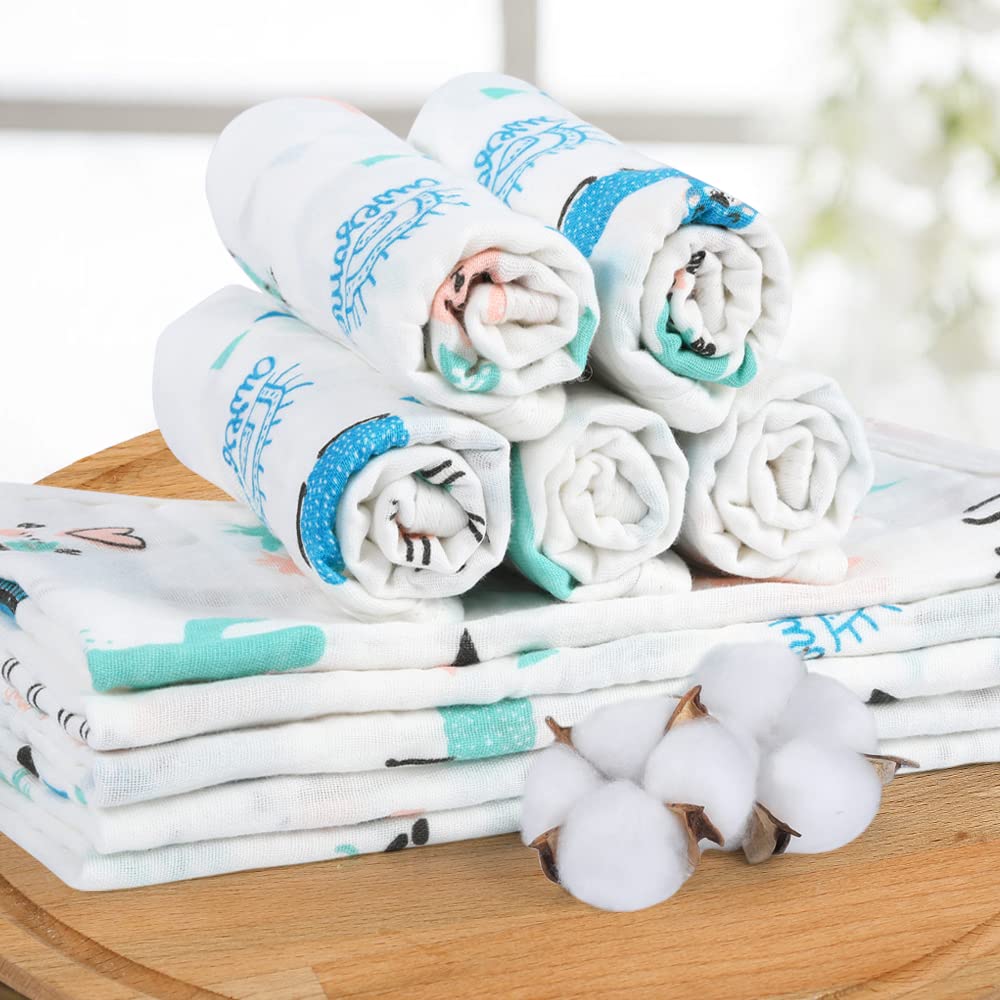 Yoofoss Muslin Burp Cloths for Baby 10 Pack 100% Organic Cotton Baby Washcloths for Boys Girls Large 20''X10'' Super Soft and Absorbent Alpaca