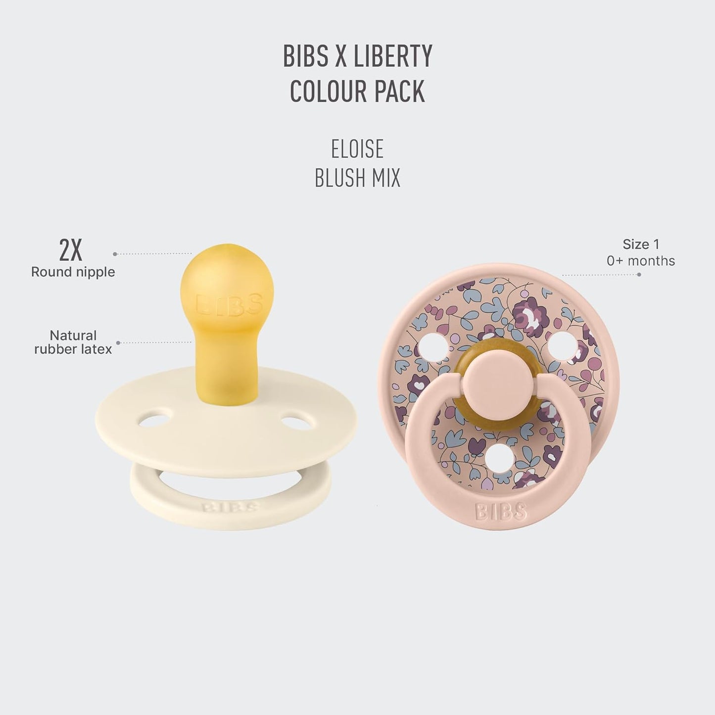 BIBS Colour Liberty Soother 2-Pack, BPA Free Dummy Pacifier, Round Nipple. Natural Rubber Latex, Made in Denmark, Size 1 (0-6 Months), Eloise Blush