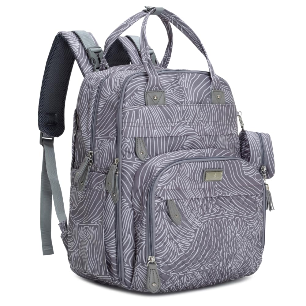 BabbleRoo Diaper Bag Backpack - Baby Essentials Travel Tote - Multi Function Water Resistant Diaper Bag, Travel Essentials Baby Bag with Changing Pad, Stroller Straps & Pacifier Case - Grey Swirls