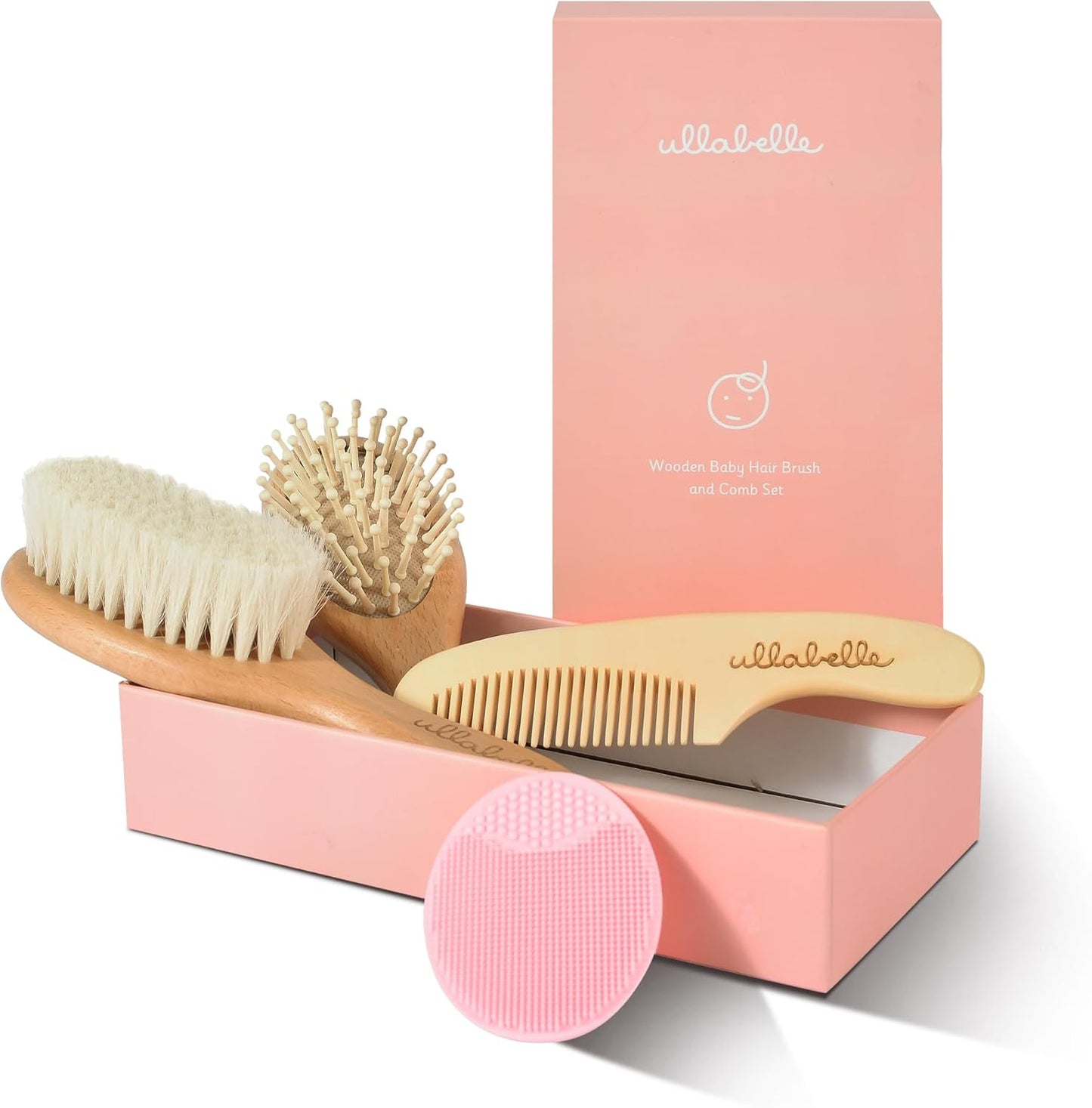Ullabelle 4 Piece Wooden Baby Hair Brush and Comb Set for Newborns & Toddlers in Chic Gift Box - Ultra Soft Natural Goat Hair and Wood Baby Brush Set Prevents Cradle Cap - Perfect Registry Gift (Pink)