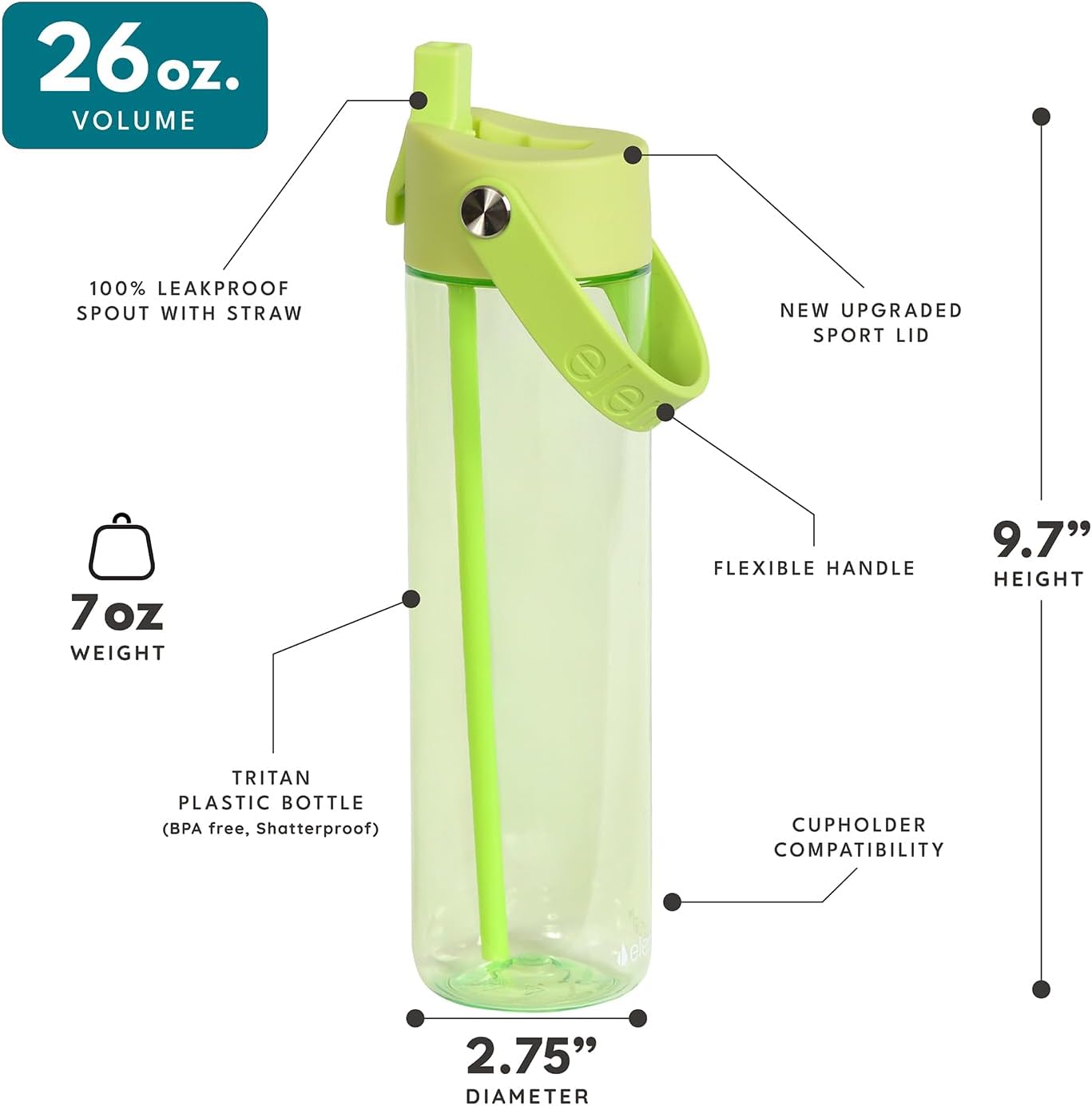 Elemental Splash Water Bottle with Straw - BPA-Free Tritan Plastic Reusable Water Bottle with Strap - Ideal for Travel, Gym and Sports - Leak Proof when Spout is Closed - 26oz - Key Lime