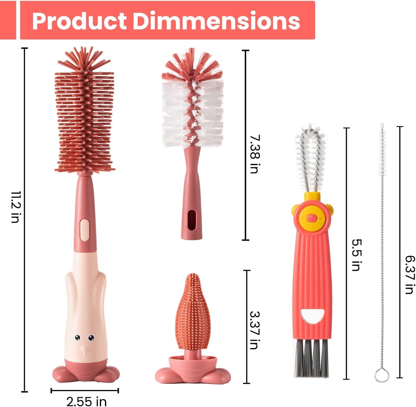 5-in-1 Baby Bottle Brush Set, Bottle Brush for Baby, Baby Bottle Scrubber, Including Silicone & Nylon Bottle Brush, Bottle Cap Brush, Straw Brush, Nipple Brush, BPA-Free (Red)