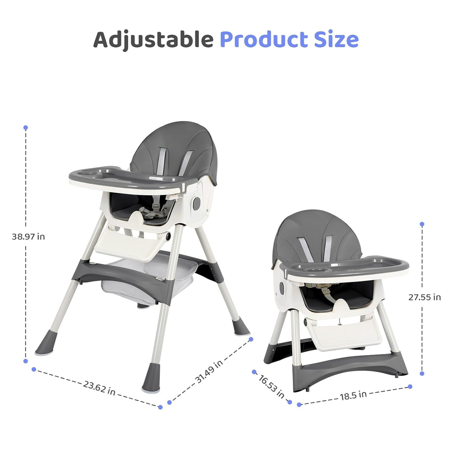 6-in-1 Foldable Baby High Chair for Babies & Toddlers – Adjustable Height & Recline, 5-Point Safety Harness, Removable Tray | Portable Highchair, Space-Saving & Easy Clean | Silla de Comer para Bebé