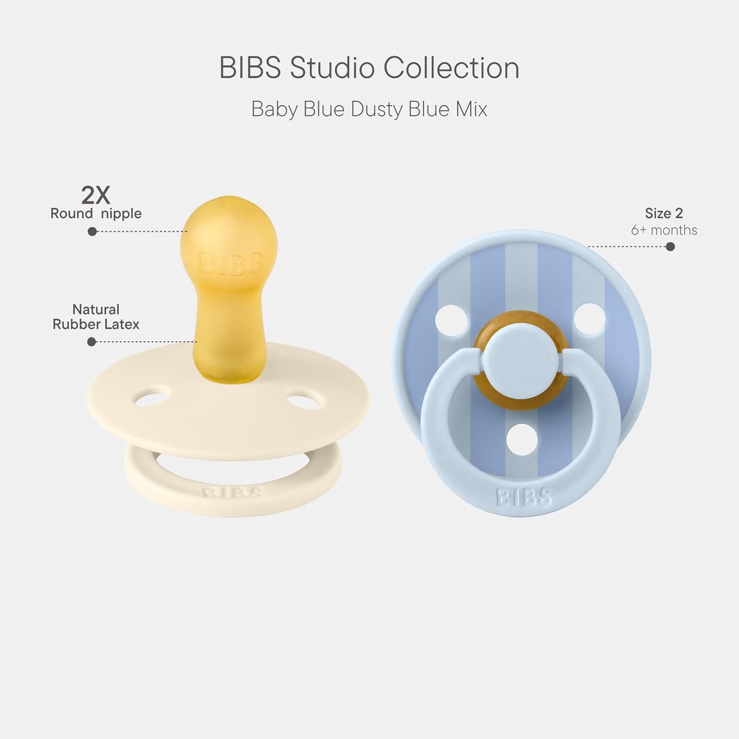 BIBS Pacifiers - Studio 2 Pack | Round Nipple Baby Pacifier | BPA Free Natural Rubber Latex Soother | Made in Denmark | Size 6+ Months | Block Baby Blue Dusty Blue