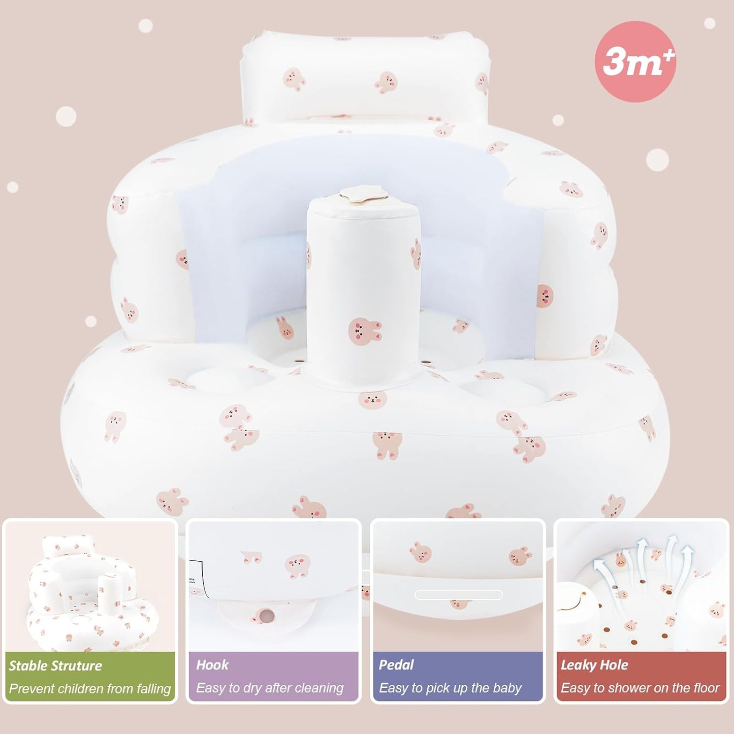 Inflatable Baby Chair, Inflatable Baby Seat for Babies 3 Months and Up, Summer Blow Up Chair with Built in Air Pump, Bumbo Seat for Learning to Sit, Palying, Camping, Rabbit
