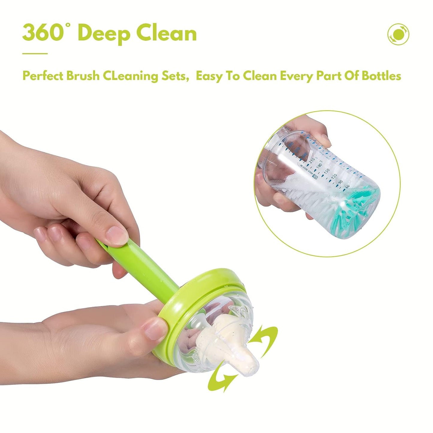 Baby Bottle Brush with One Base Hidden Nylon Nipple Cleaner, 2 Pcs Sponge Nipple Brushes, 2 Pcs Straw Brushes, Bottle Brush with Nipple Cleaner and Suction Cup (Green)
