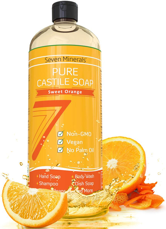 Pure Castile Soap, Sweet Orange - No Palm Oil, GMO-Free - Gentle Liquid Soap For Sensitive Skin & Baby Wash - All Natural Vegan Formula with Organic Carrier Oils (33.8 fl oz)
