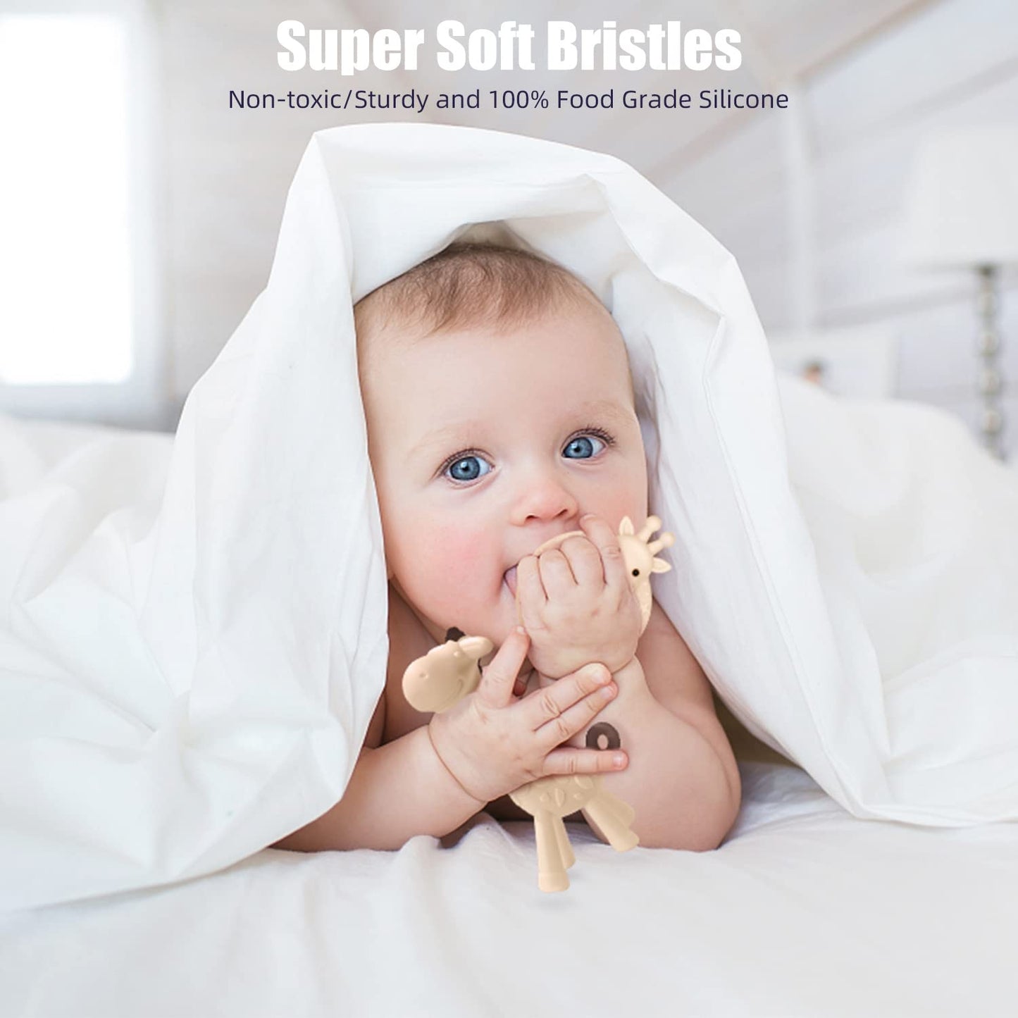 SHARE&CARE BPA Free Silicone Giraffe Baby Teether Toy with Storage Case, for 3 Months Above Infant Sore Gums Pain Relief and Baby Shower, Baby Teething Toys (Cream)