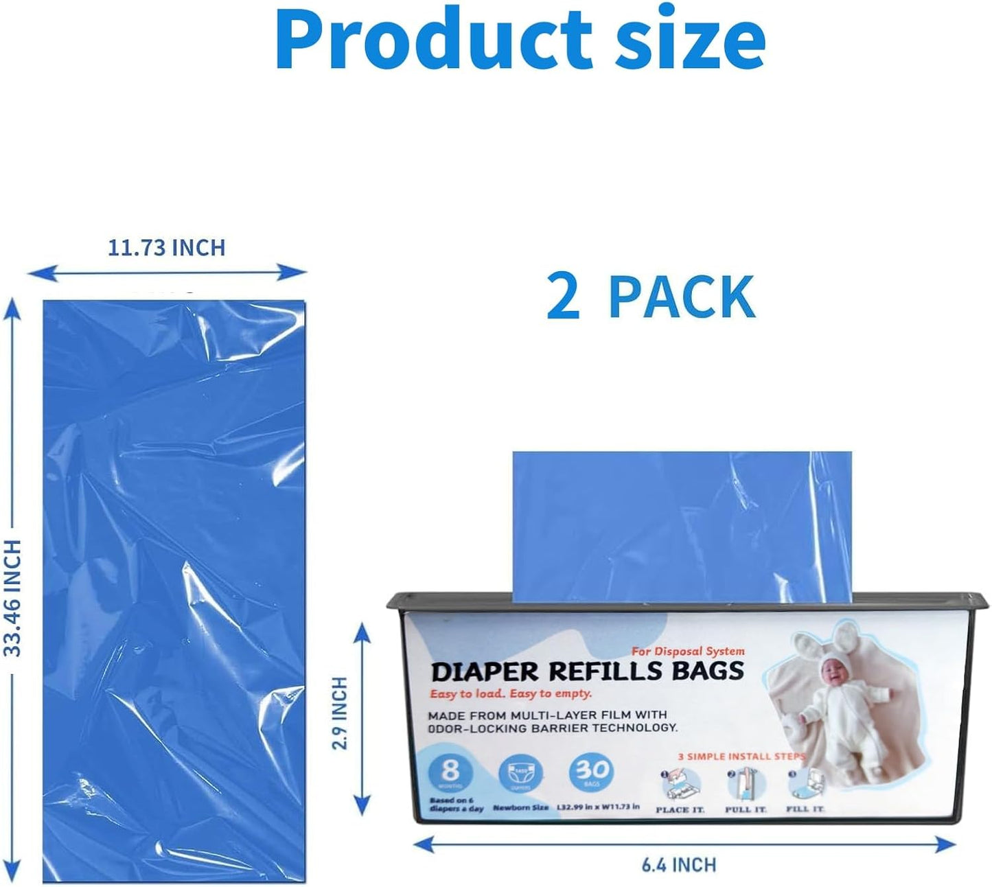 Diaper Pail Refills Bags with 30 Bags, Compatible with Genie Easy Roll Signature Diaper Pail and Platinum Diaper Pail, 7-Layer Odor-Barrier Technology, 2 Pack (60 Bag)