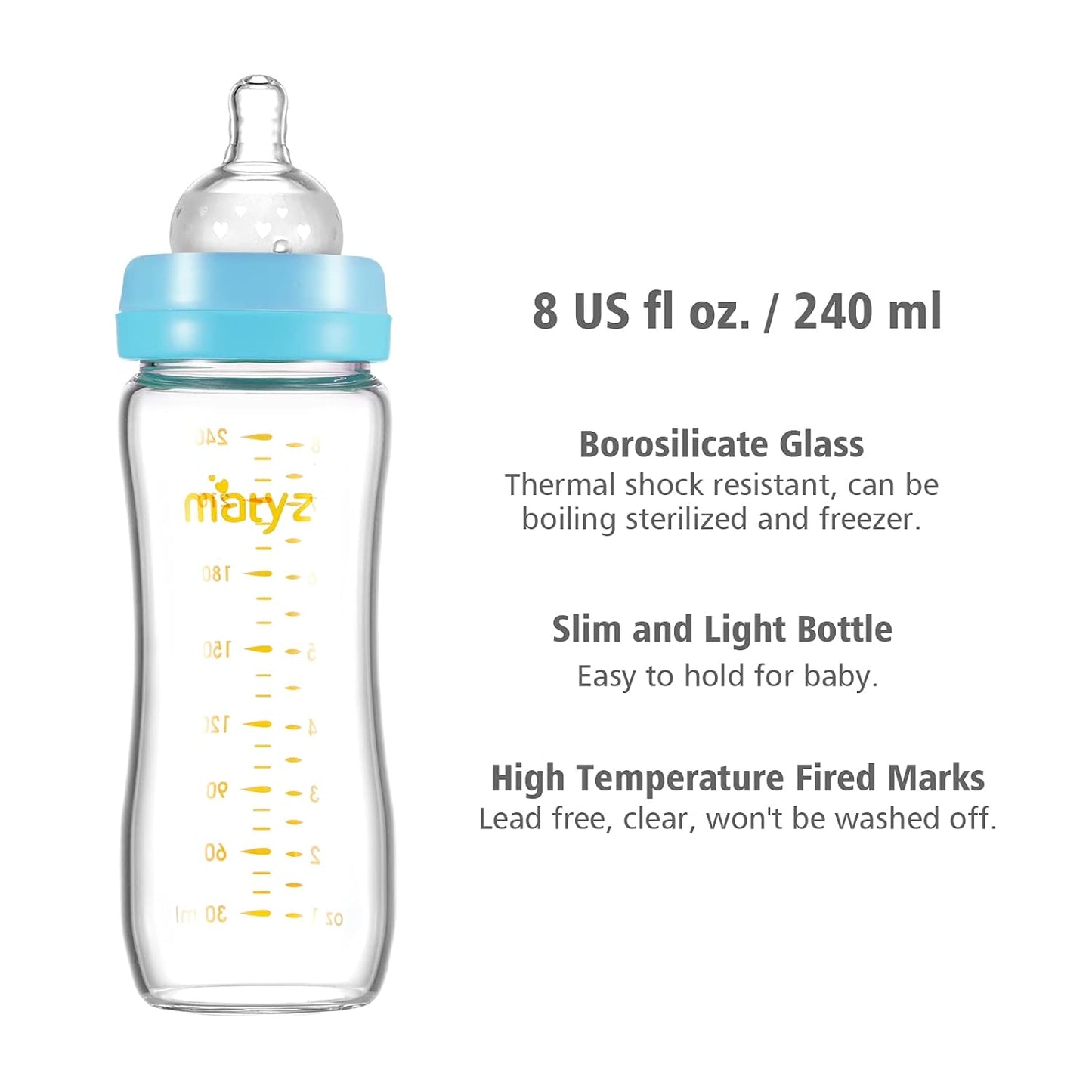 Matyz Glass Breastmilk Baby Feeding Bottle with Nipple, 2 Pack, 8 oz Slim and Light Bottle Easy to Hold, Food Grade Borosilicate Glass, Wide Neck Easy to Clean, No BPA (Blue Lids)