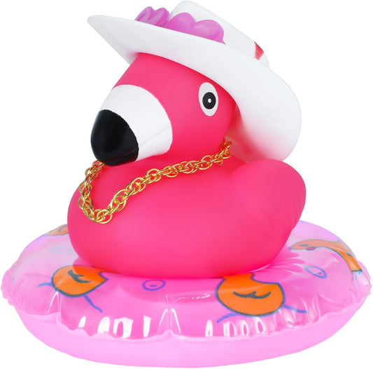 Pink Flamingo Rubber Duck Jeeps Duck, with Mini Cowboy Hat, Swim Ring, Gold Chain & Heart Sunglasses, for Car Dashboard Decor, Home Office Party Decoration, Baby Bath Toys, Birthday Gifts