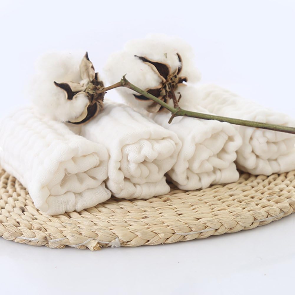 MUKIN Baby Muslin Washcloths, Natural Cotton, Soft Newborn Face Towel, 5 Pack, 12 x 12 inches (White)