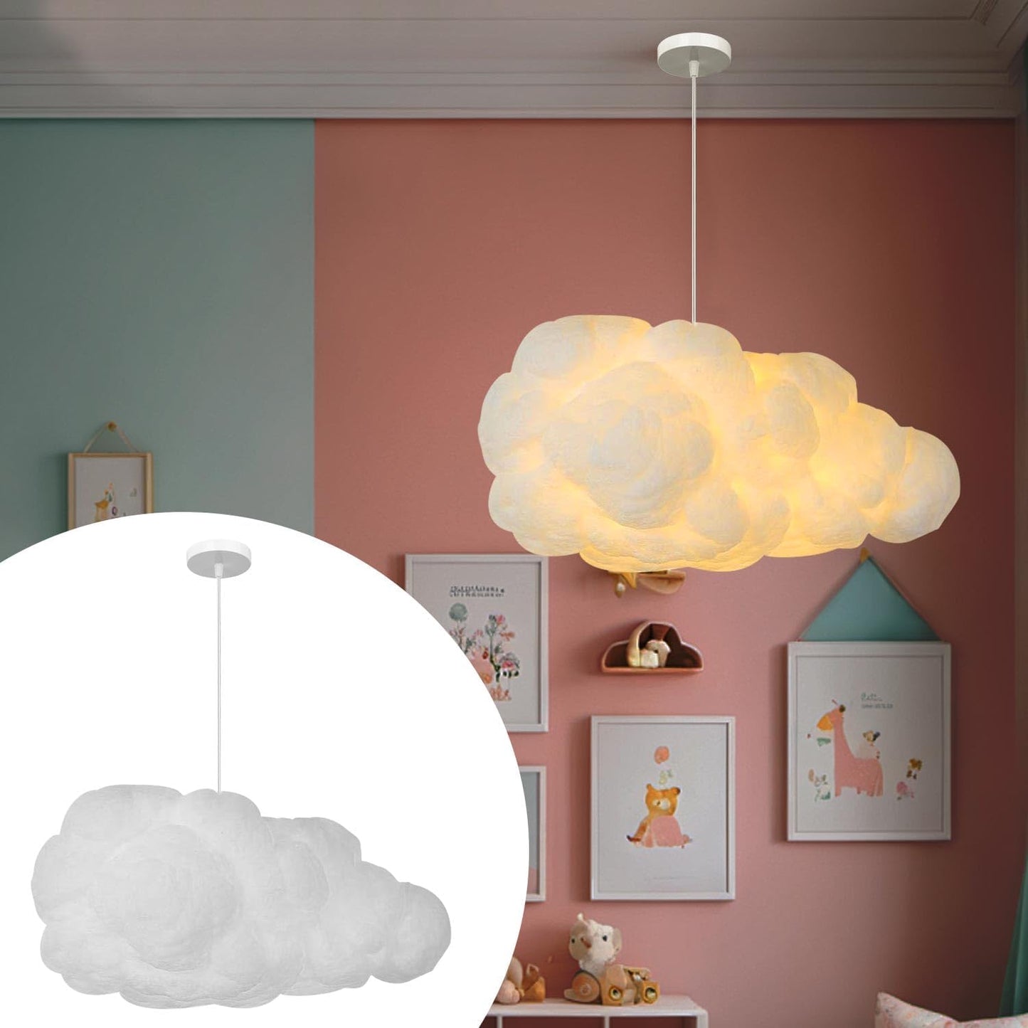 Cloud Pendant Hanging Light Fixture, Modern Fluffy Ceiling Lighting Chandelier, White Lamp Shade Lampshade for Children Girls Kids Living Room (35cmx20cm)