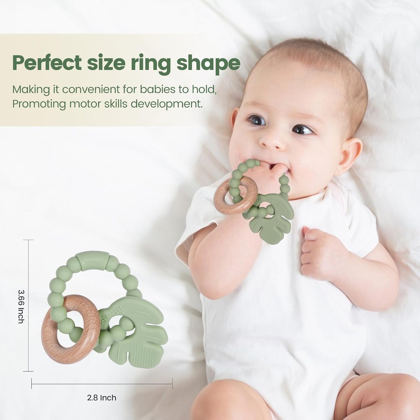 Baby Silicone and Wood Teether Ring Toy,Food Grade Silicone Chew Toys for 3-6,6-12,12-18 Months Newborns,Infants,Toddlers Teething Relief,Safe and Soft,BPA Free,Baby Essentials. (Leaf)